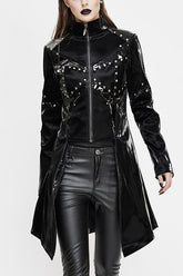 Manteau Punk Long pour Femme en Cuir Brillant avec Fermeture Éclair et Rivet Noir